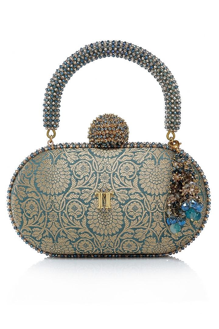 Sage Green Brocade & Brass Metal Clutch by Tarun Tahiliani Accessories at Pernia's Pop Up Shop