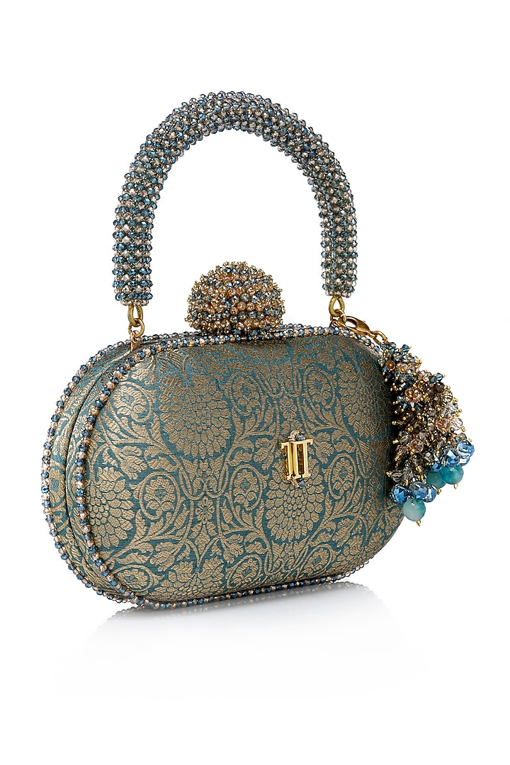 Sage Green Brocade & Brass Metal Clutch by Tarun Tahiliani Accessories at Pernia's Pop Up Shop