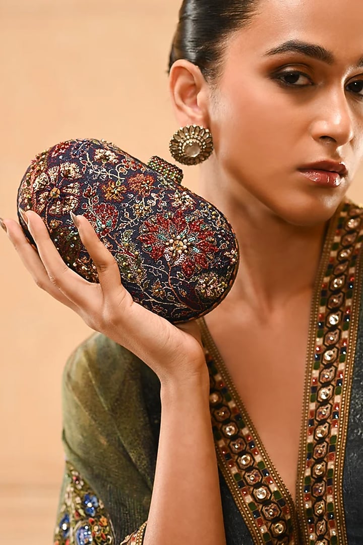 Navy Cotton Moss Clutch by Tarun Tahiliani Accessories at Pernia's Pop Up Shop