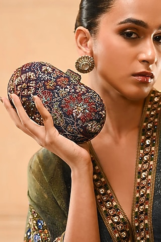 Navy Cotton Moss Clutch by Tarun Tahiliani Accessories