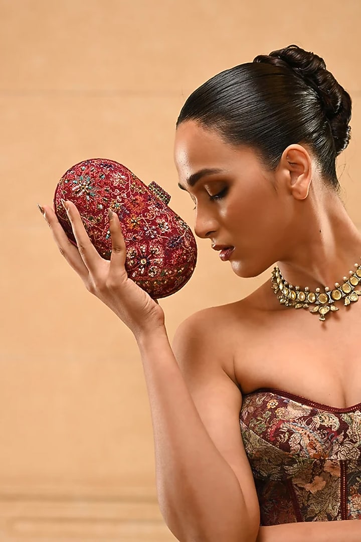 Maroon Cotton Moss Clutch by Tarun Tahiliani Accessories at Pernia's Pop Up Shop