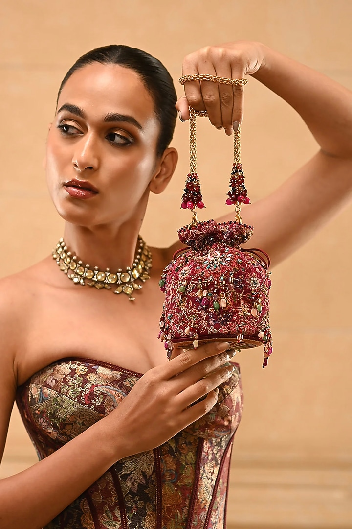 Maroon Cotton Moss Potli by Tarun Tahiliani Accessories at Pernia's Pop Up Shop
