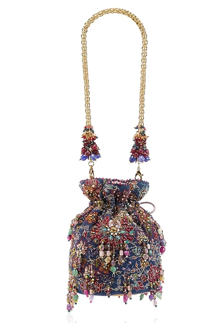 Navy Blue Cotton Moss Potli by Tarun Tahiliani Accessories at Pernia's Pop Up Shop