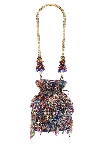 Navy Blue Cotton Moss Potli by Tarun Tahiliani Accessories
