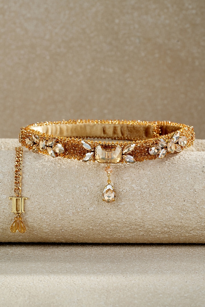 Gold Crystal Beaded Handmade Belt by Tarun Tahiliani Accessories at Pernia's Pop Up Shop