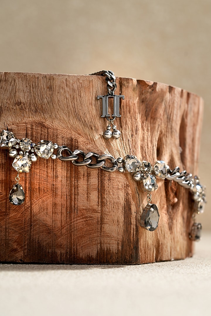 Gunmetal Grey Swarovski Pearl & Amber Crystal Chain Belt by Tarun Tahiliani Accessories at Pernia's Pop Up Shop