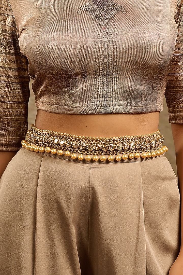 Gold Swarovski Pearl & Amber Crystal Chain Belt by Tarun Tahiliani Accessories at Pernia's Pop Up Shop
