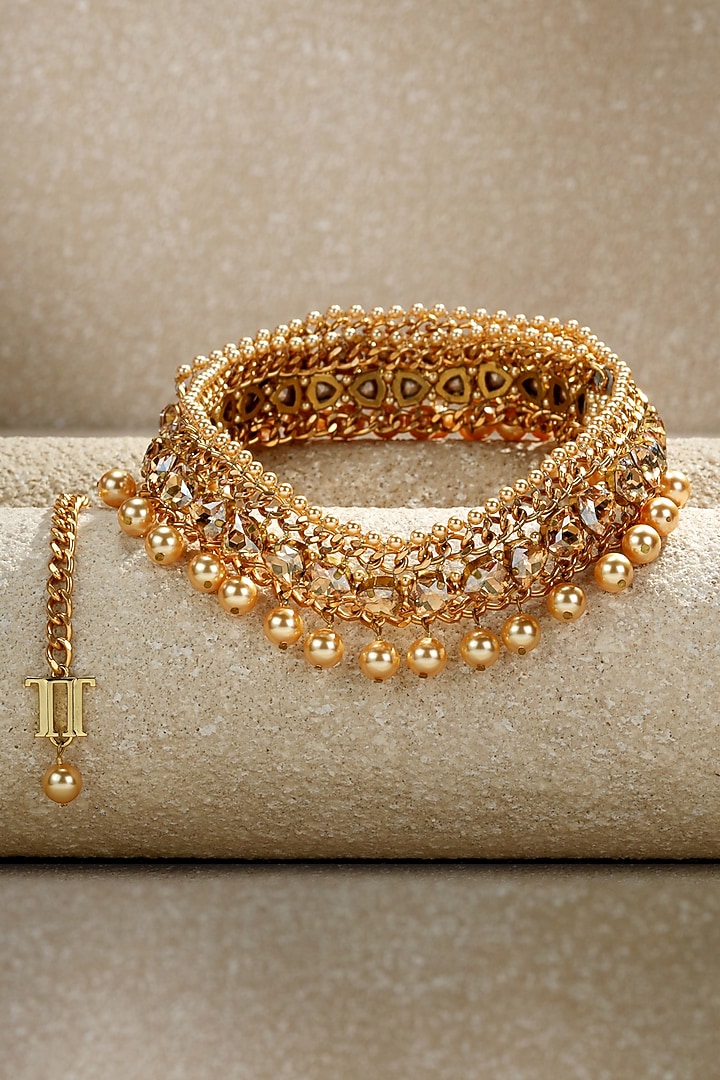 Gold Swarovski Pearl & Amber Crystal Chain Belt by Tarun Tahiliani Accessories at Pernia's Pop Up Shop