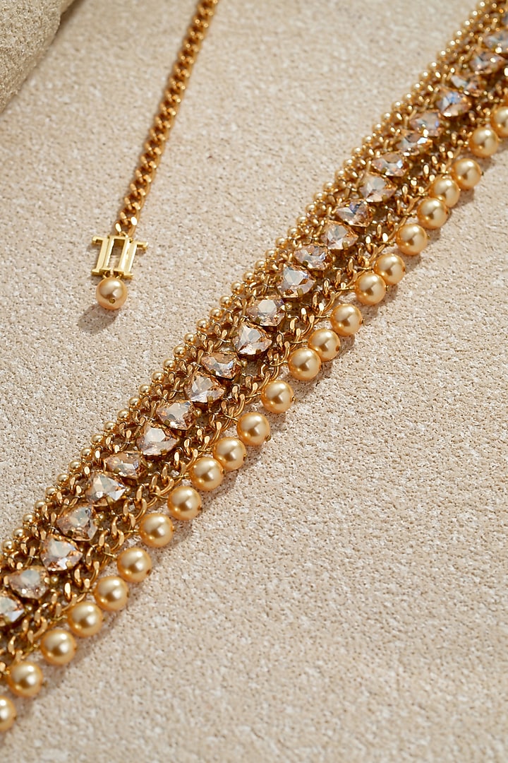 Gold Swarovski Pearl & Amber Crystal Chain Belt by Tarun Tahiliani Accessories at Pernia's Pop Up Shop