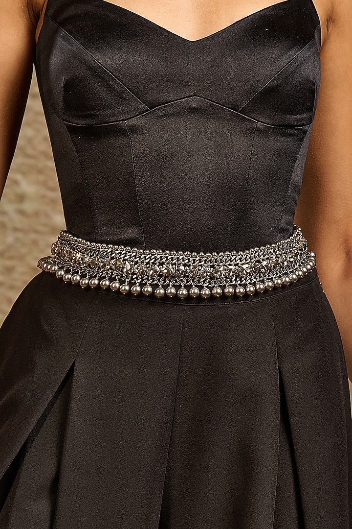 Gunmetal Grey Swarovski Pearl & Amber Crystal Chain Belt by Tarun Tahiliani Accessories at Pernia's Pop Up Shop
