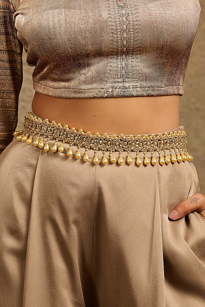 Gold Swarovski Pearl & Amber Crystal Chain Belt by Tarun Tahiliani Accessories at Pernia's Pop Up Shop