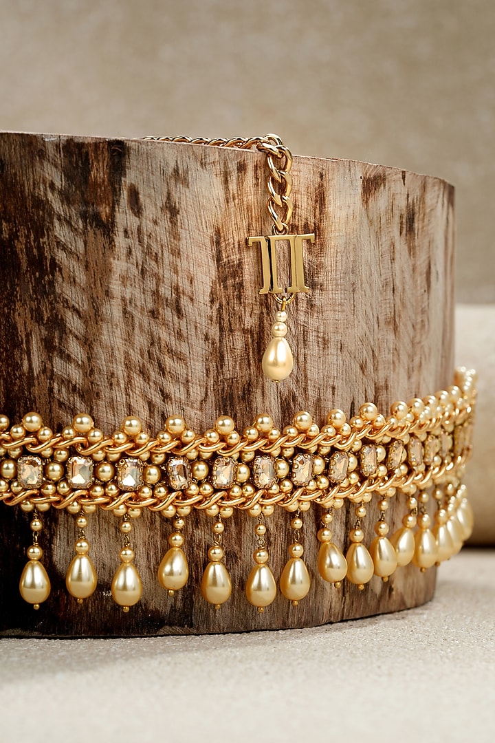 Gold Swarovski Pearl & Amber Crystal Chain Belt by Tarun Tahiliani Accessories at Pernia's Pop Up Shop