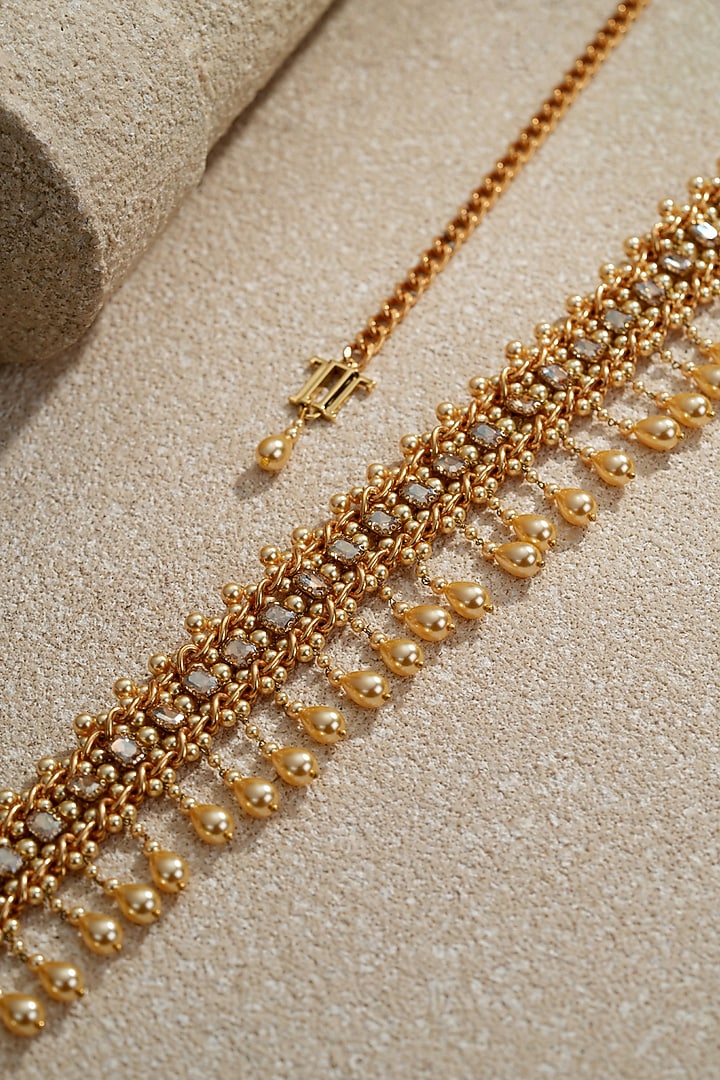 Gold Swarovski Pearl & Amber Crystal Chain Belt by Tarun Tahiliani Accessories at Pernia's Pop Up Shop