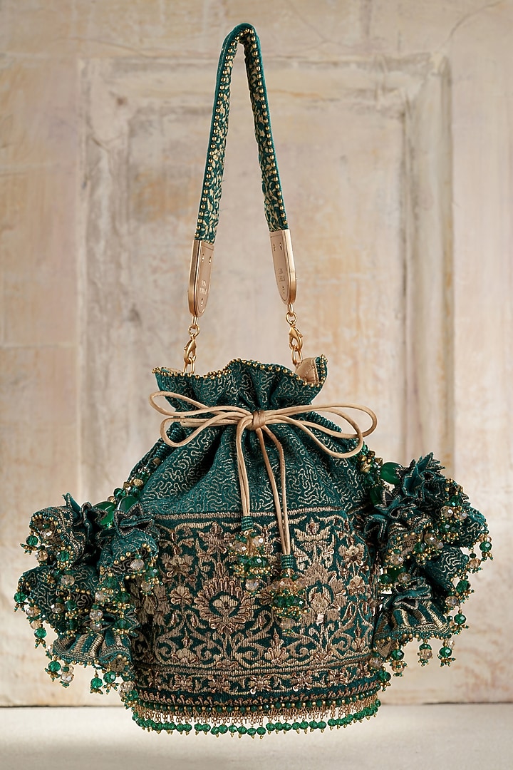 Moss Green Velvet Beads Embroidered Potli by Tarun Tahiliani Accessories at Pernia's Pop Up Shop