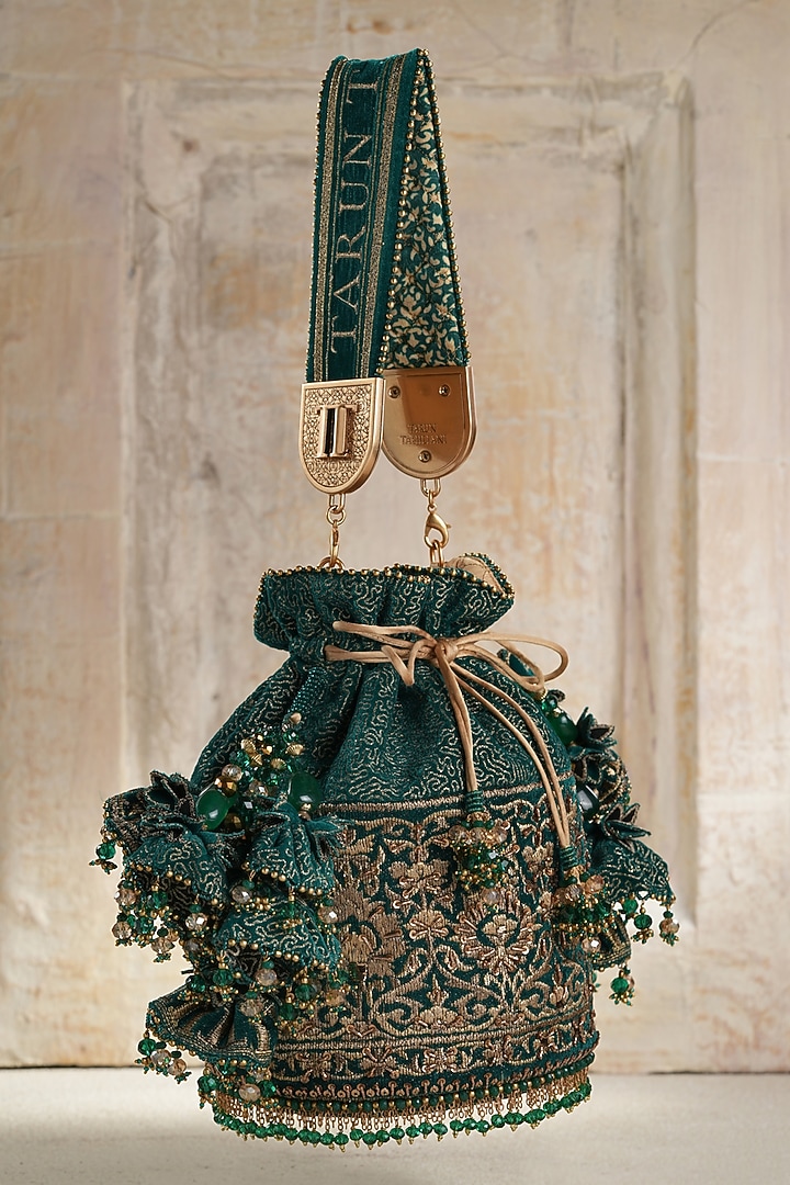 Moss Green Velvet Beads Embroidered Potli by Tarun Tahiliani Accessories at Pernia's Pop Up Shop