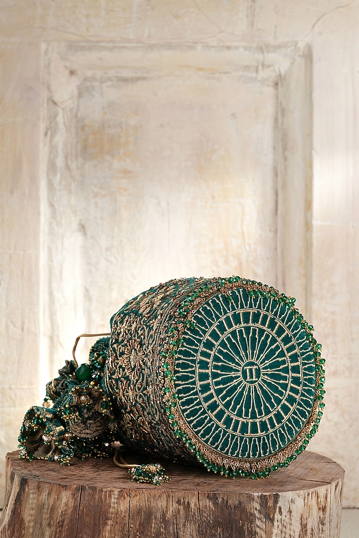 Moss Green Velvet Beads Embroidered Potli by Tarun Tahiliani Accessories at Pernia's Pop Up Shop