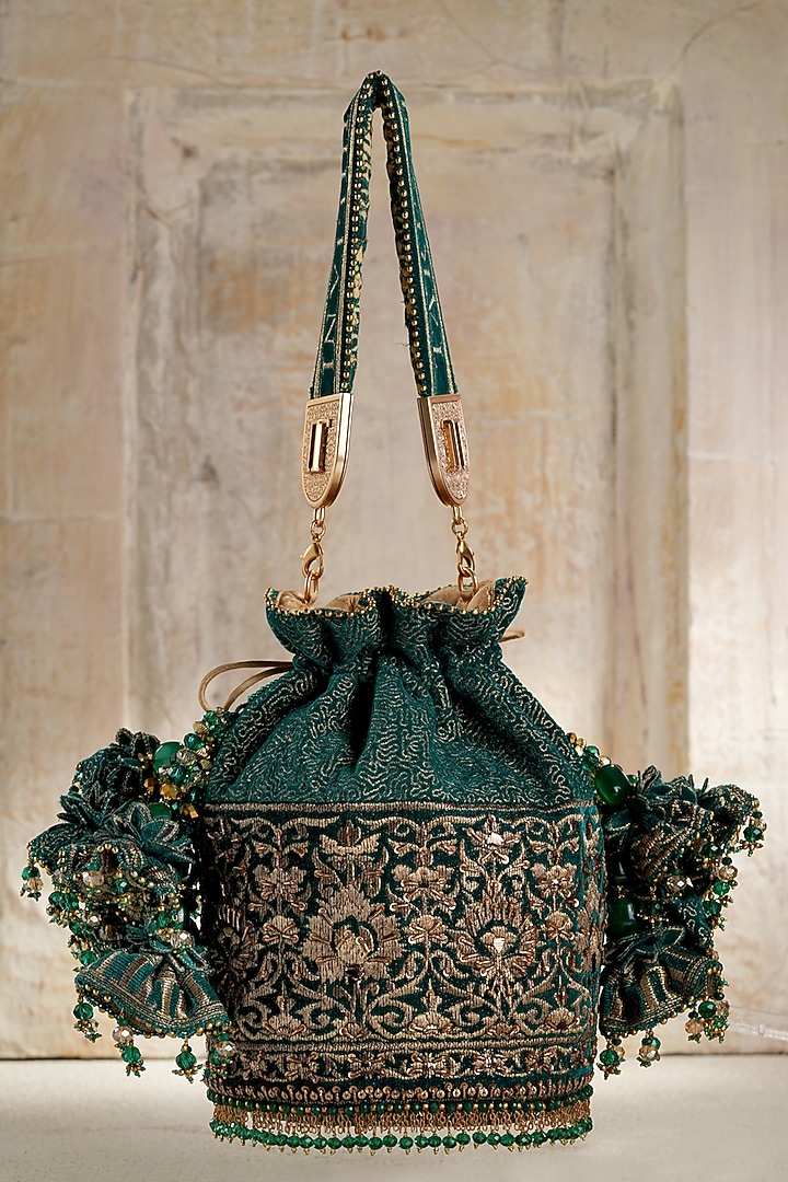 Moss Green Velvet Beads Embroidered Potli by Tarun Tahiliani Accessories at Pernia's Pop Up Shop