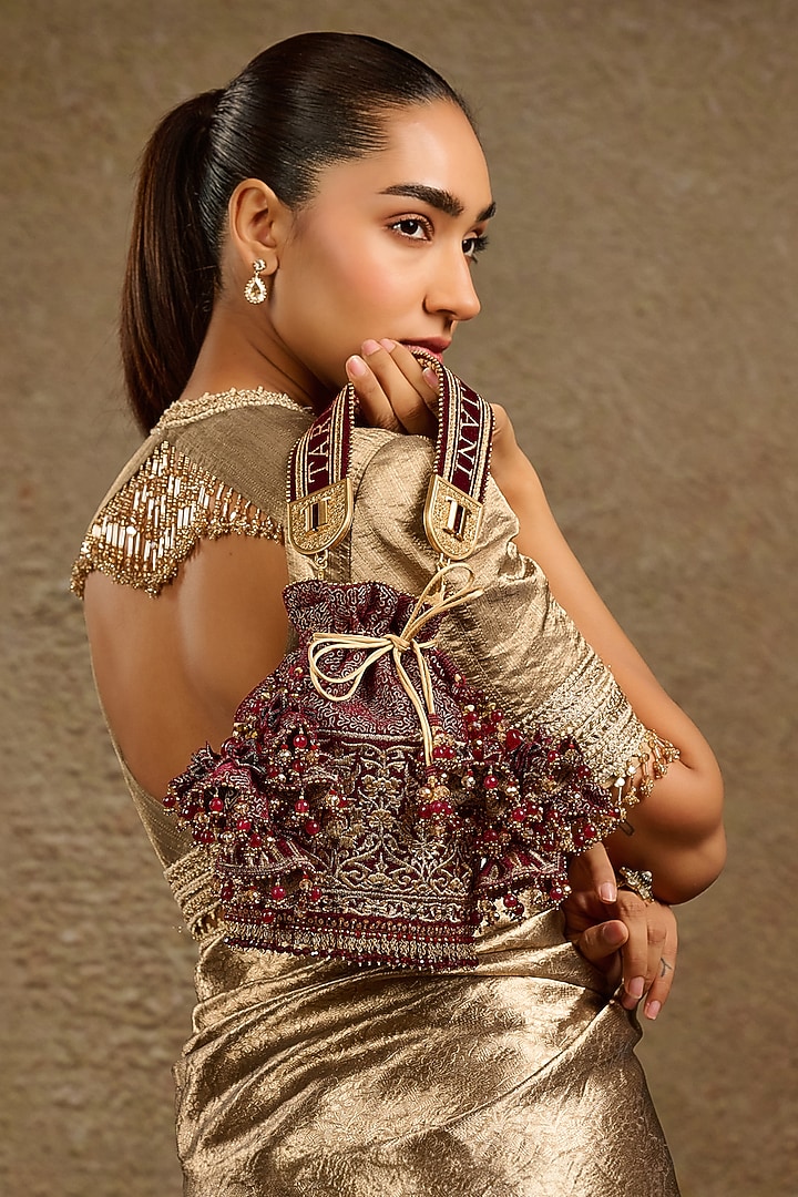 Maroon Green Velvet Beads Embroidered Potli by Tarun Tahiliani Accessories at Pernia's Pop Up Shop