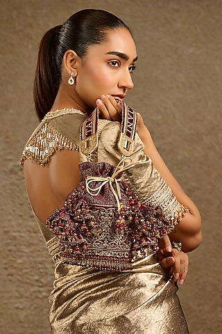 Maroon Green Velvet Beads Embroidered Potli by Tarun Tahiliani Accessories