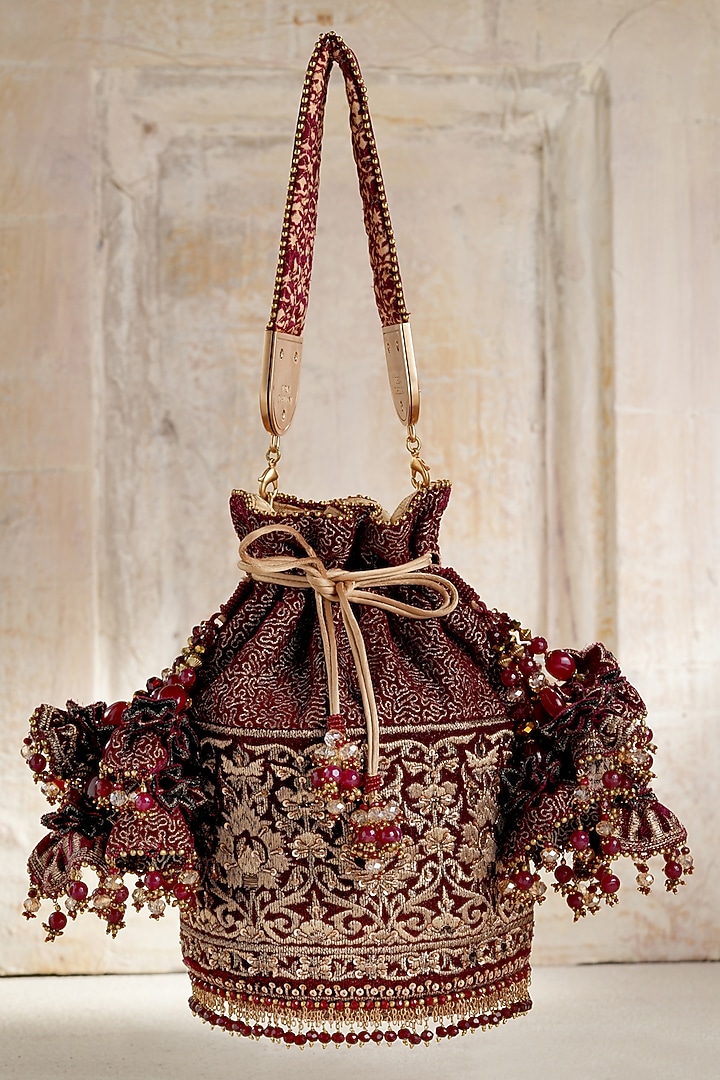 Maroon Green Velvet Beads Embroidered Potli by Tarun Tahiliani Accessories at Pernia's Pop Up Shop