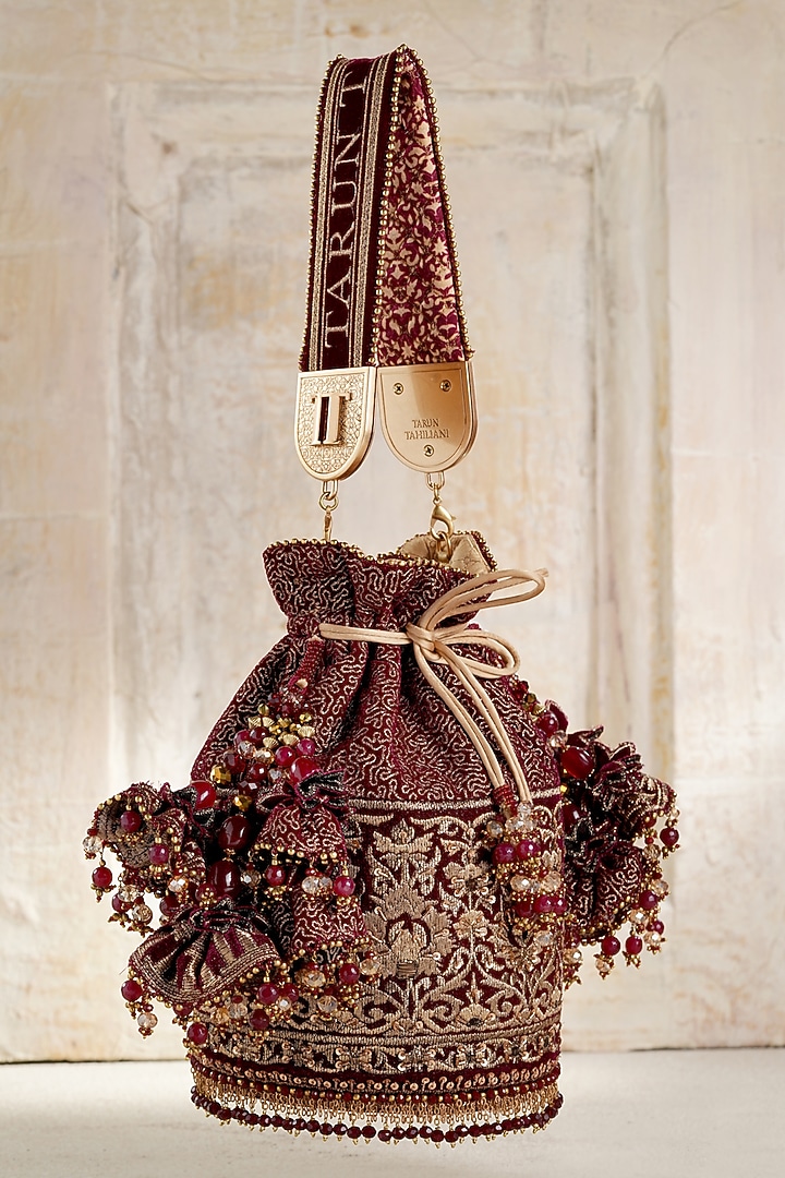 Maroon Green Velvet Beads Embroidered Potli by Tarun Tahiliani Accessories at Pernia's Pop Up Shop