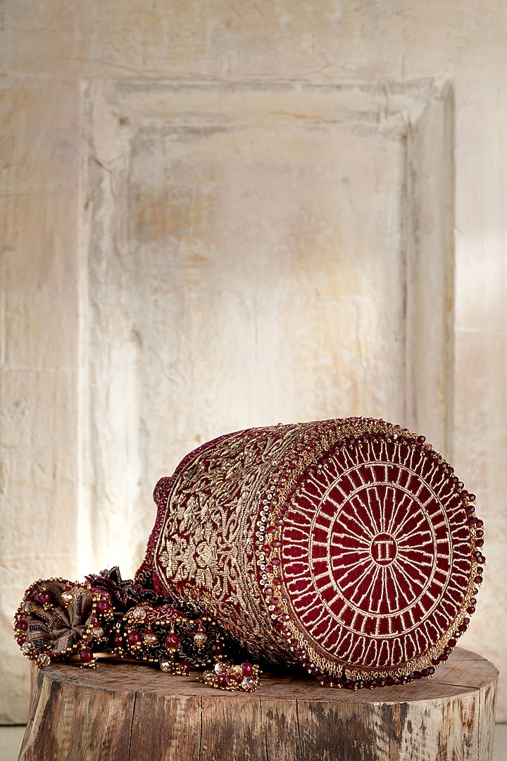 Maroon Green Velvet Beads Embroidered Potli by Tarun Tahiliani Accessories at Pernia's Pop Up Shop