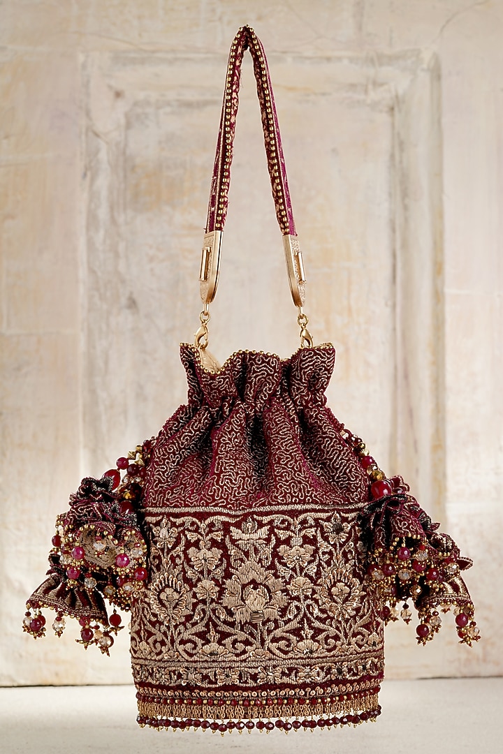 Maroon Green Velvet Beads Embroidered Potli by Tarun Tahiliani Accessories at Pernia's Pop Up Shop