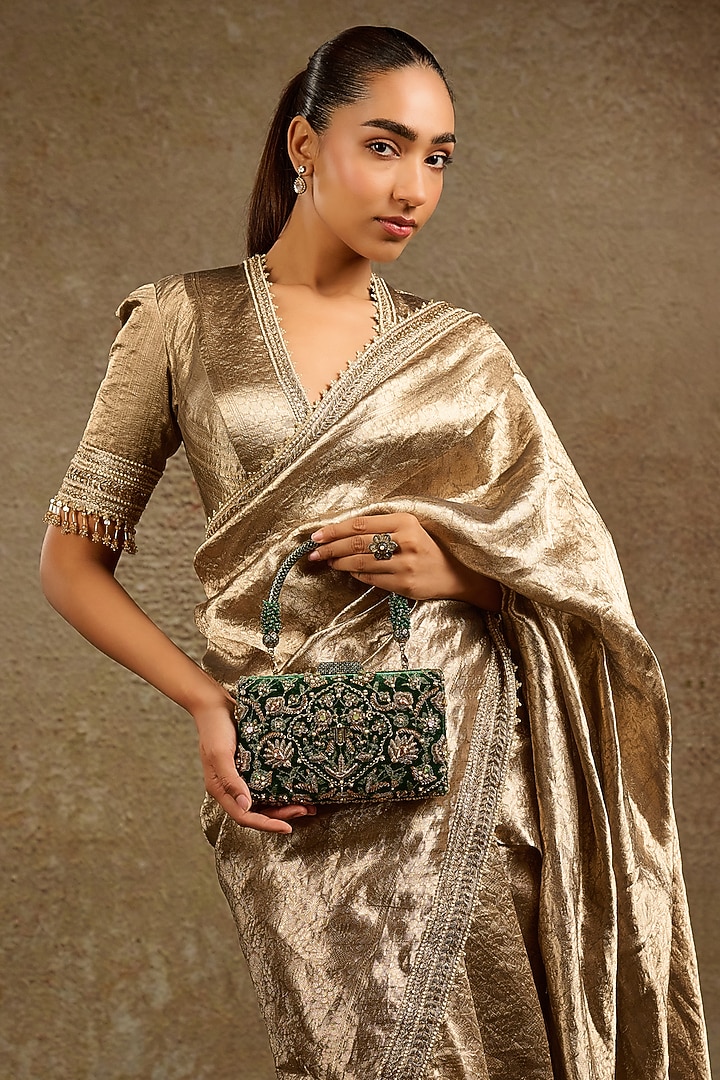 Emerald Green Velvet Crystal Embroidered Clutch by Tarun Tahiliani Accessories at Pernia's Pop Up Shop