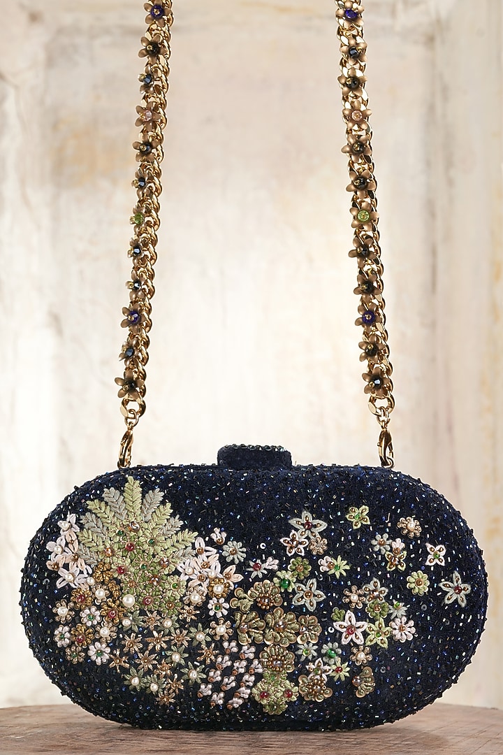 Vintage Blue Velvet Beads Hand Embroidered Clutch by Tarun Tahiliani Accessories at Pernia's Pop Up Shop