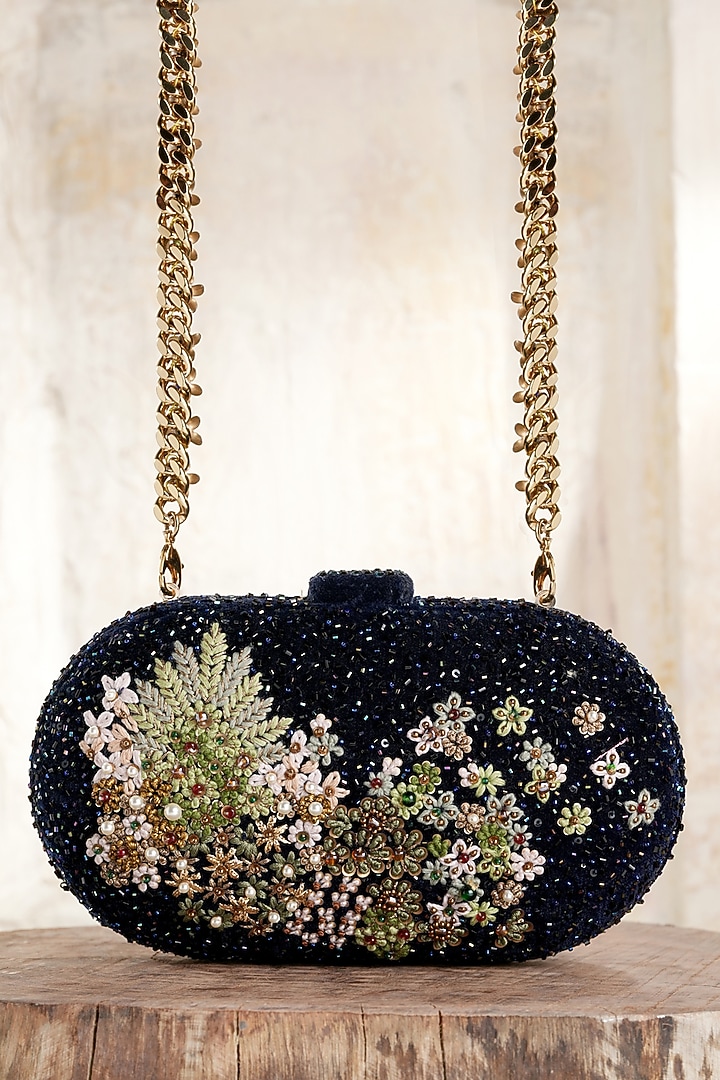 Vintage Blue Velvet Beads Hand Embroidered Clutch by Tarun Tahiliani Accessories at Pernia's Pop Up Shop