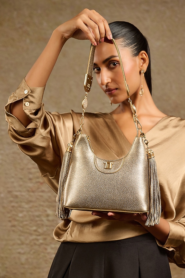 Gold Genuine Italian Leather Structured Shoulder Bag by Tarun Tahiliani Accessories at Pernia's Pop Up Shop