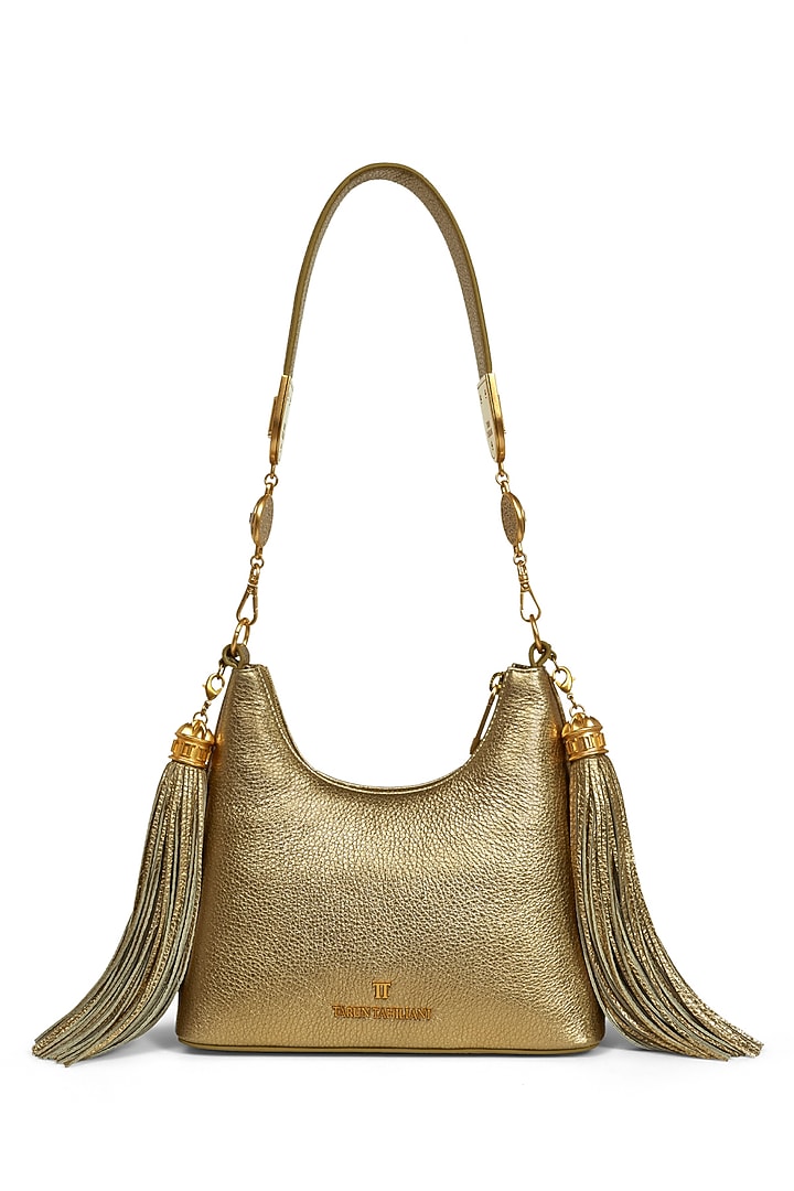 Gold Genuine Italian Leather Structured Shoulder Bag by Tarun Tahiliani Accessories at Pernia's Pop Up Shop