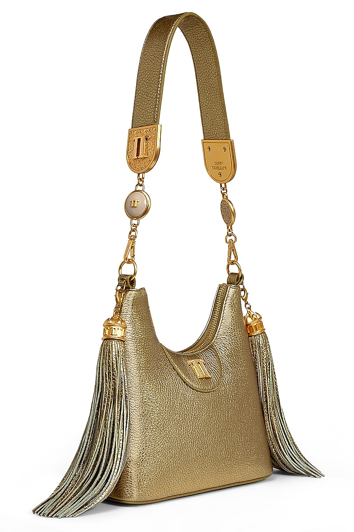 Gold Genuine Italian Leather Structured Shoulder Bag by Tarun Tahiliani Accessories at Pernia's Pop Up Shop