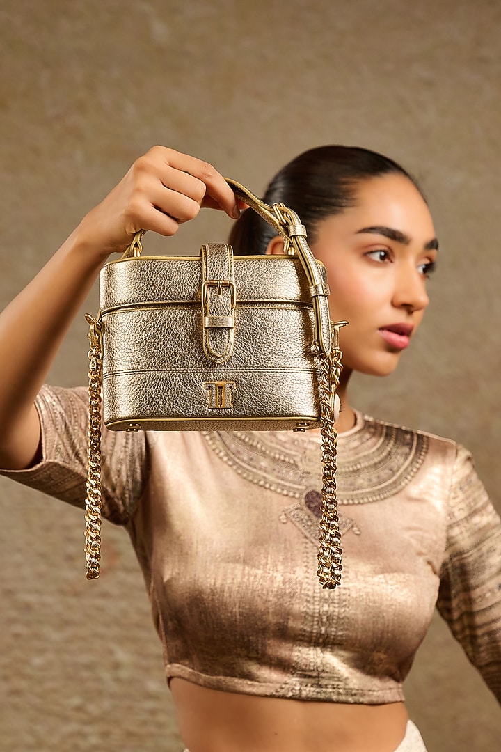 Gold Genuine Italian Leather Vanity Bag by Tarun Tahiliani Accessories at Pernia's Pop Up Shop