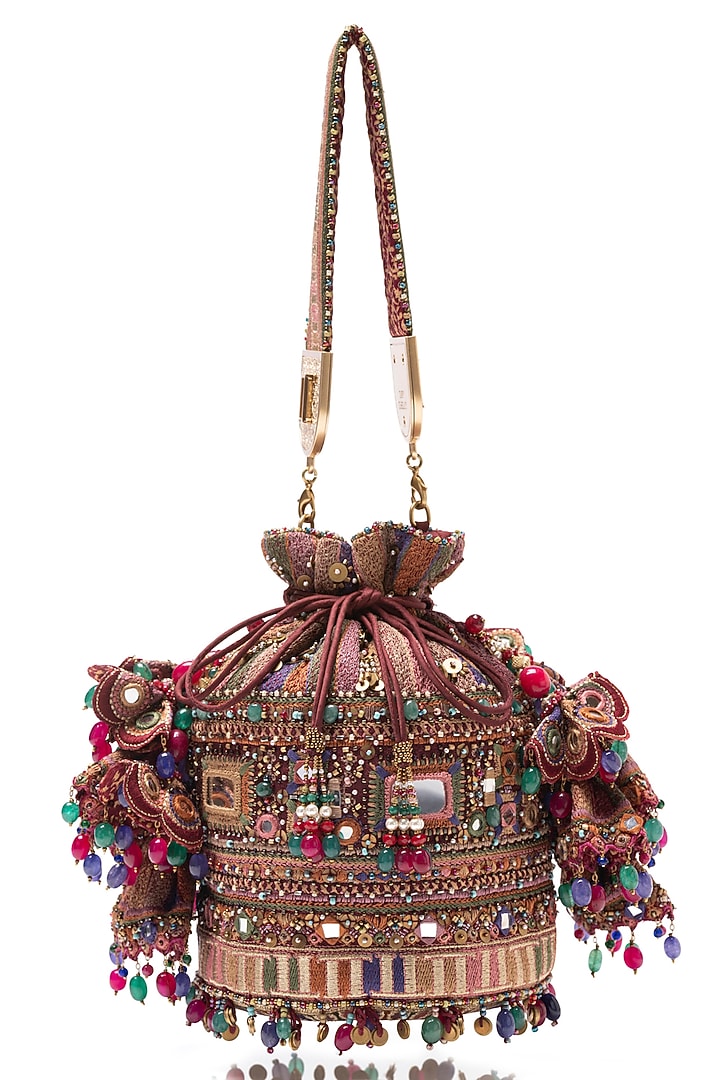 Maroon Cotton Moss Swarovski Embellished Potli Bag by Tarun Tahiliani Accessories at Pernia's Pop Up Shop