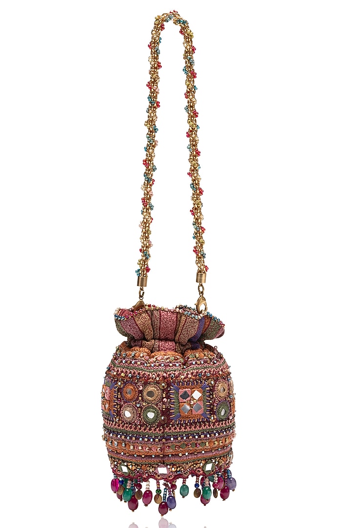 Maroon Cotton Moss Swarovski Embellished Mini Potli Bag by Tarun Tahiliani Accessories at Pernia's Pop Up Shop