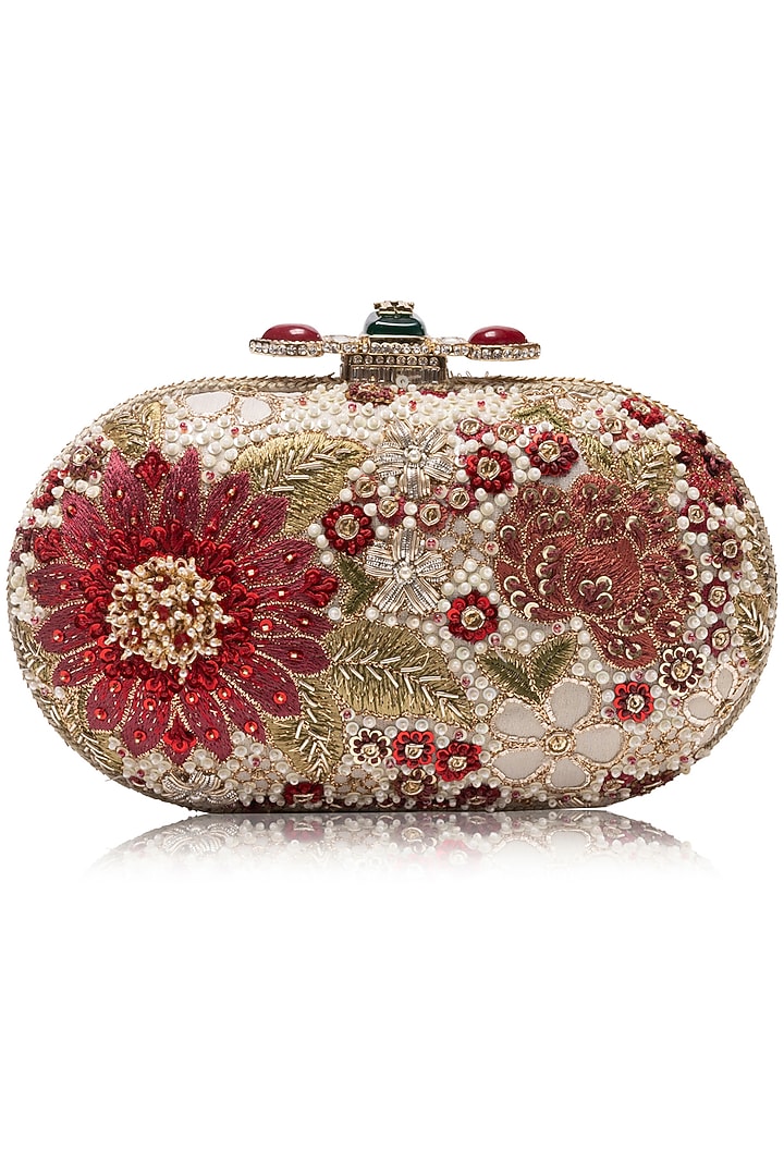 Ivory Silk Tissue Georgette Floral Embellished Clutch by Tarun Tahiliani Accessories at Pernia's Pop Up Shop