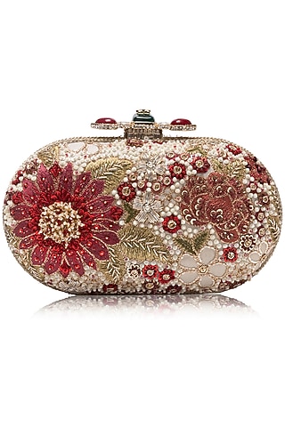 Ivory Silk Tissue Georgette Floral Embellished Clutch by Tarun Tahiliani Accessories