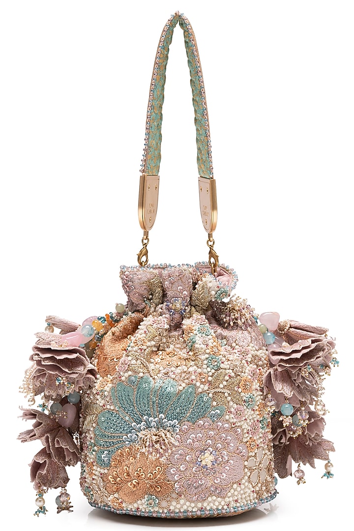 Pastel Pink Silk Tissue Georgette Floral Embellished Potli Bag by Tarun Tahiliani Accessories at Pernia's Pop Up Shop