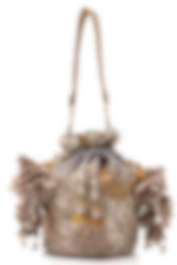 Champagne Gold Silk Tissue Georgette Zardosi Embellished Potli Bag by Tarun Tahiliani Accessories at Pernia's Pop Up Shop