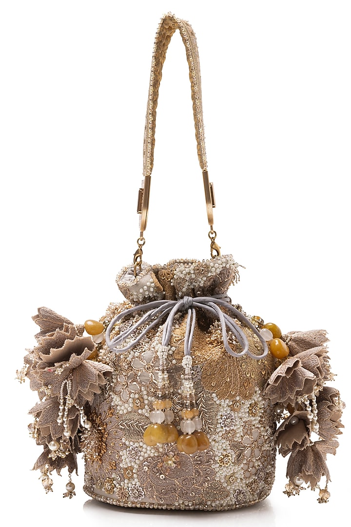Champagne Gold Silk Tissue Georgette Zardosi Embellished Potli Bag by Tarun Tahiliani Accessories at Pernia's Pop Up Shop
