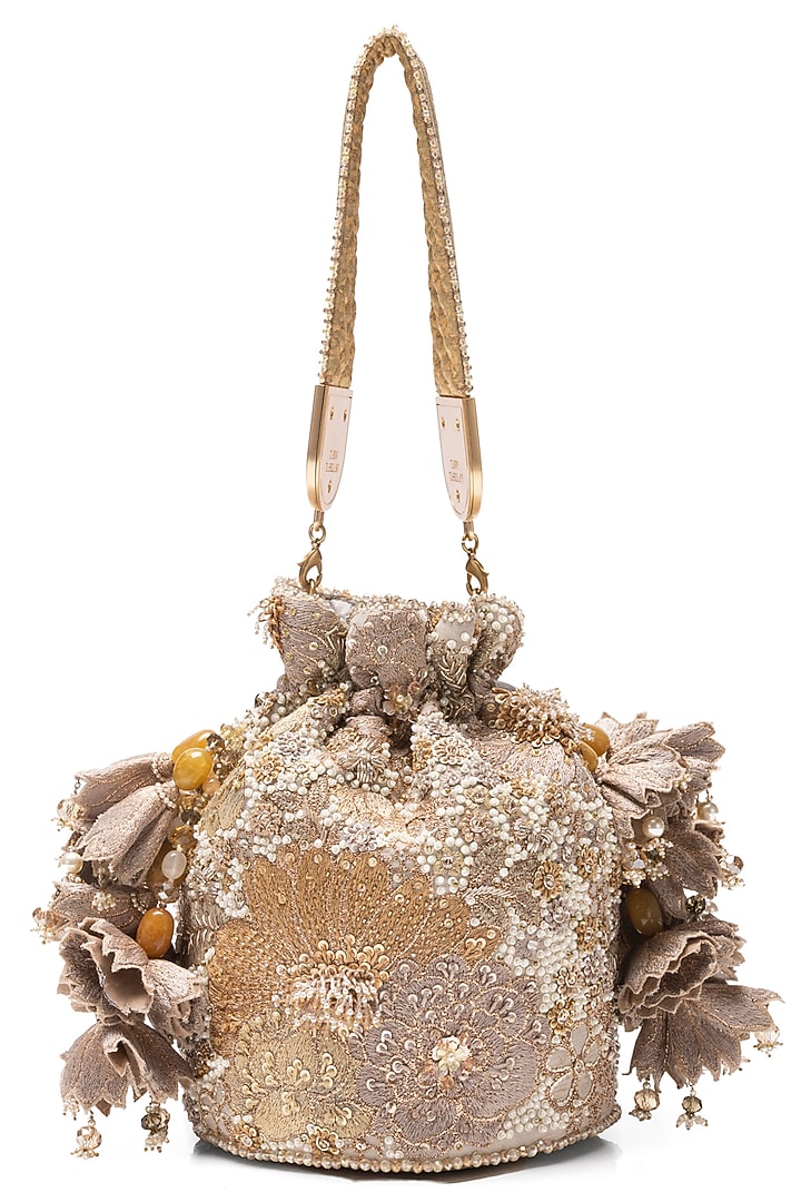 Champagne Gold Silk Tissue Georgette Zardosi Embellished Potli Bag by Tarun Tahiliani Accessories at Pernia's Pop Up Shop