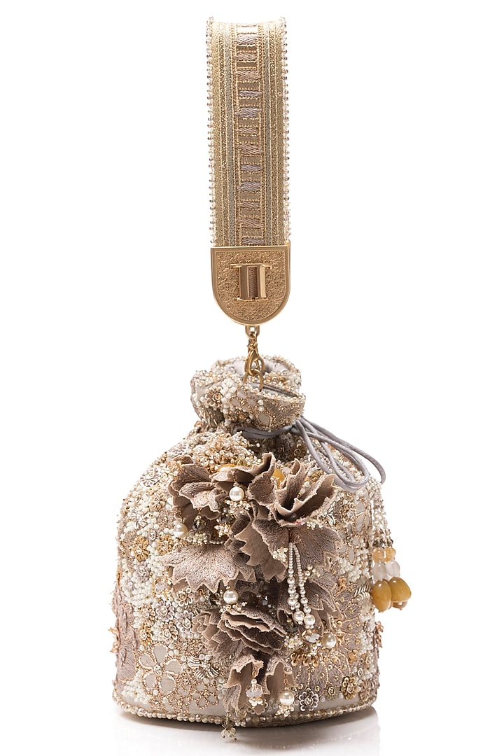 Champagne Gold Silk Tissue Georgette Zardosi Embellished Potli Bag by Tarun Tahiliani Accessories at Pernia's Pop Up Shop