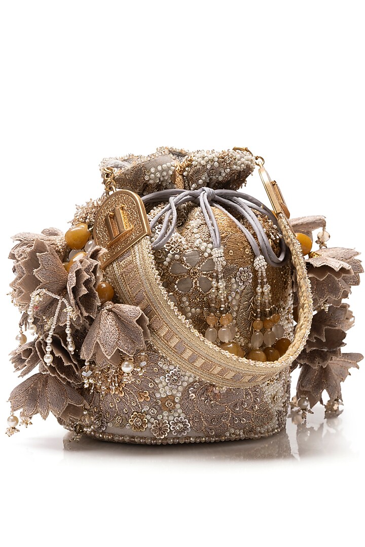 Champagne Gold Silk Tissue Georgette Zardosi Embellished Potli Bag by Tarun Tahiliani Accessories at Pernia's Pop Up Shop