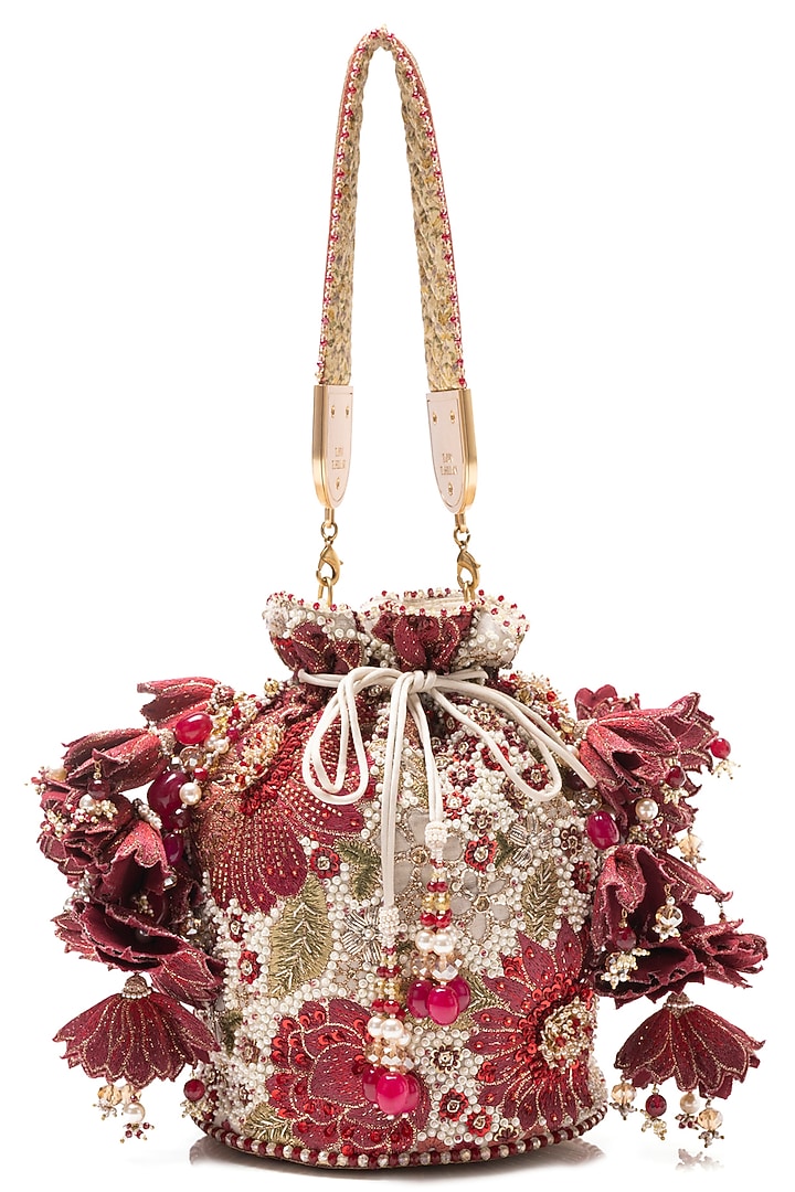 Red Silk Tissue Georgette Zardosi Embellished Potli Bag by Tarun Tahiliani Accessories at Pernia's Pop Up Shop