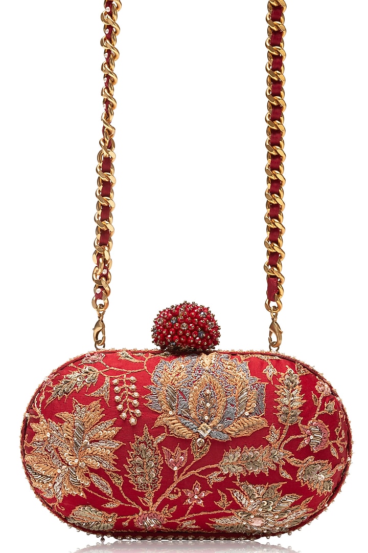 Red Satin Floral Motif Embellished Clutch by Tarun Tahiliani Accessories at Pernia's Pop Up Shop