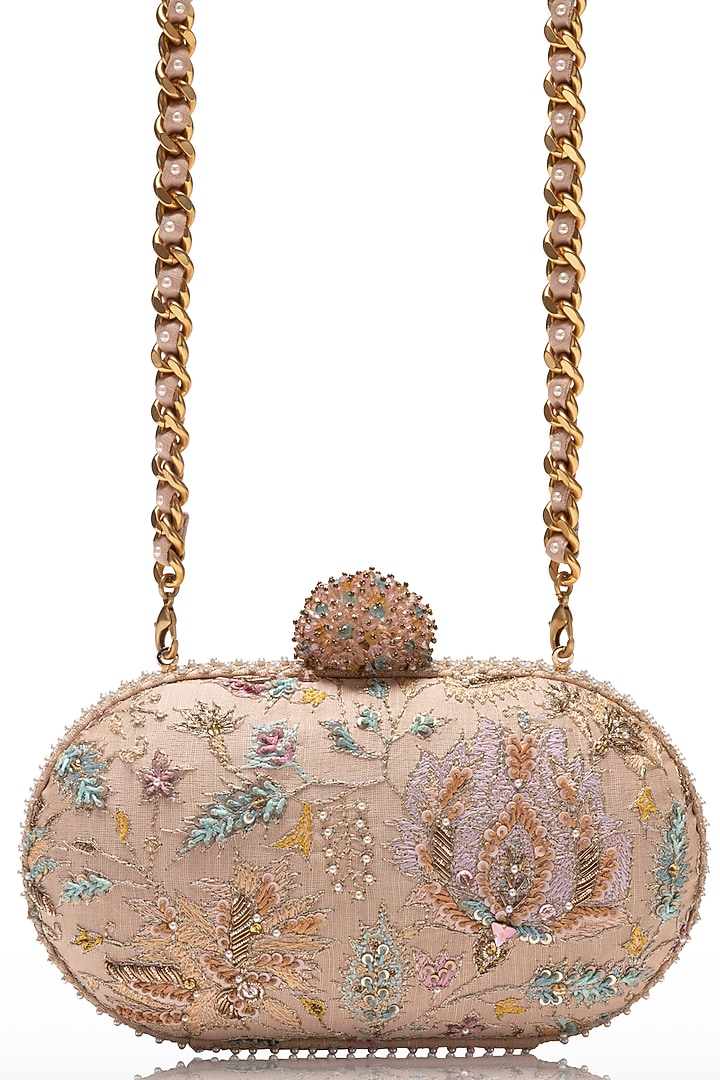 Pastel Pink Satin Swarovski Embellished Clutch by Tarun Tahiliani Accessories at Pernia's Pop Up Shop