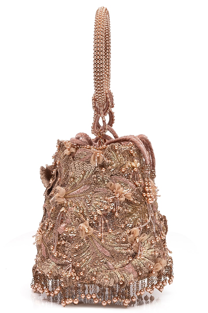 Salmon Pink Organza Metallic Sequin Embellished Bucket Bag by Tarun Tahiliani Accessories at Pernia's Pop Up Shop