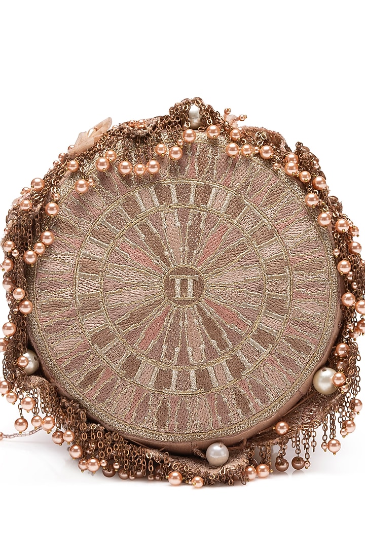 Salmon Pink Organza Metallic Sequin Embellished Bucket Bag by Tarun Tahiliani Accessories at Pernia's Pop Up Shop