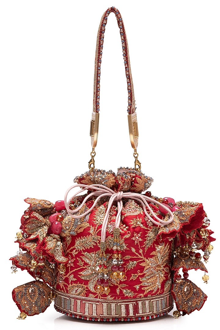 Red Satin Bead & Zardosi Embellished Potli Bag by Tarun Tahiliani Accessories at Pernia's Pop Up Shop
